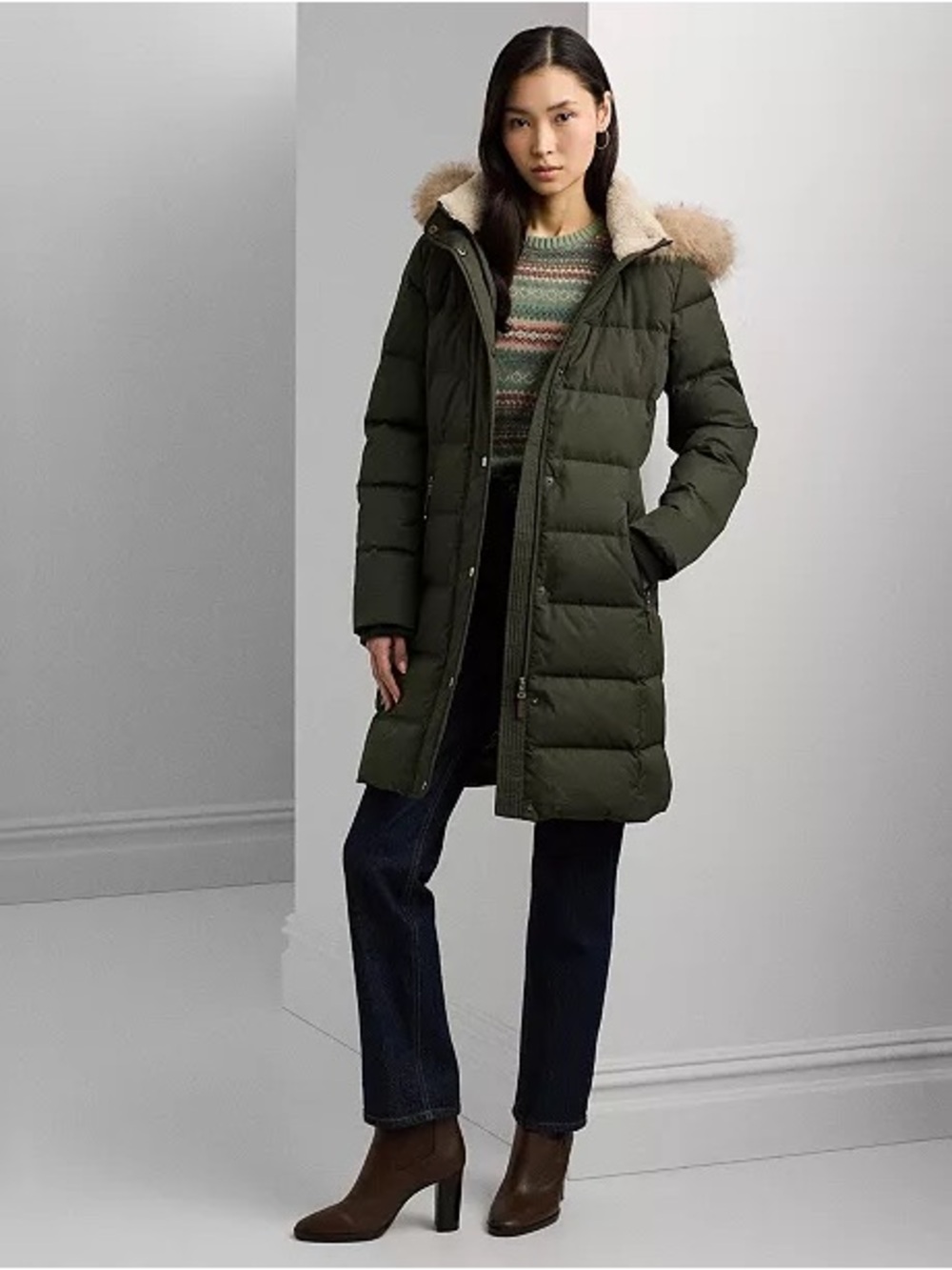 Lauren Ralph Lauren Women’s Down Puffer Coat Olive Green Faux Fur Hood Size L